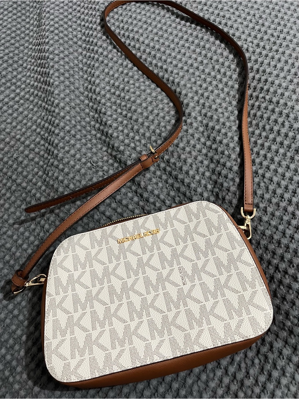 KORS Michael Kors Vanilla and Brown Signature MK Crossbody Bag